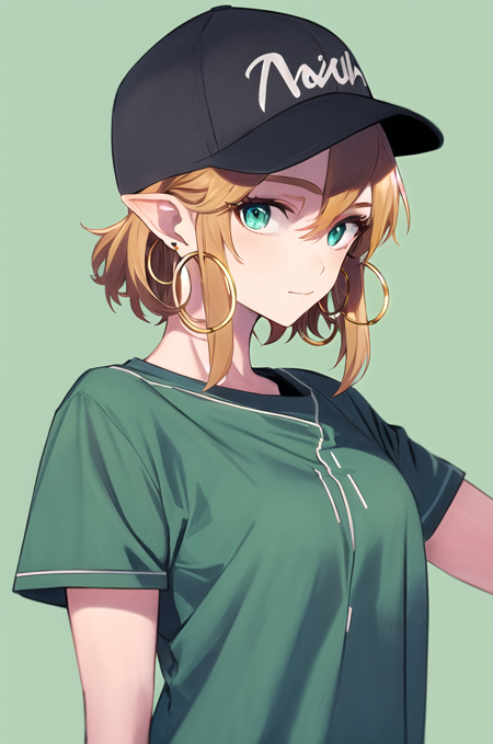 00330-418699412-link, masterpiece, best quality, 1girl, aqua eyes, baseball cap, blonde hair, closed mouth, earrings, green background, hat, hoo.png